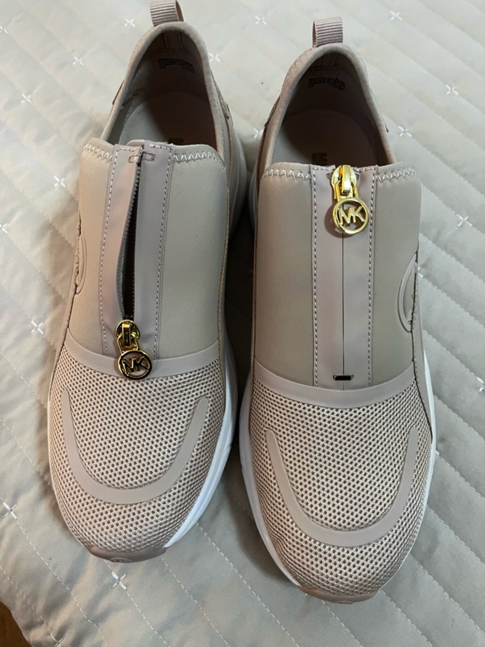 Michael Kors Pale Pink (Mauve) Slip-On Sneakers with Gold MK Zipper Charms